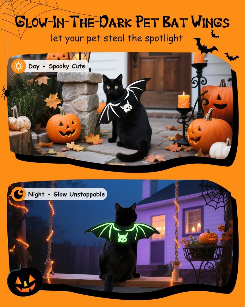 Fiemack Cat Halloween Costume Bat Wings - Glow in The Dark Pet Halloween Party Cosplay Dress Up Accessories for Cats Small Puppy Dog - Image 2